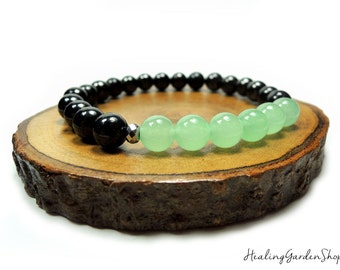 Stress Relief // Black Tourmaline and Green Jade Bracelet // Prosperity and Luck // Money // Reiki Jewelry // Healing Garden Shop