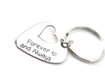 Forever And Always - Hand stamped Keychain - Guitar Pick Key Chain with Heart Cut Out - Music Lover Gift