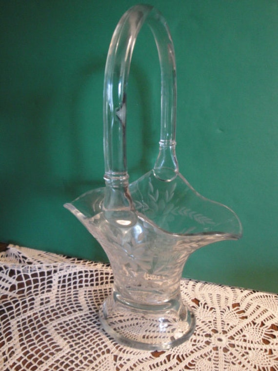 Vintage Clear Glass Wedding Basket By Heisey Crystal Etched