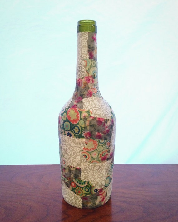 Items similar to Fabric covered wine bottle home decor on Etsy