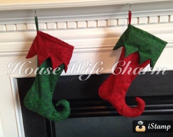 Red Green Damask Elf Curly Toe Stocking set of 2
