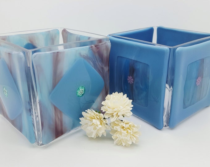 Blue fused glass vase / plant pot / candle holder. Home decor. Handmade gifts for the house. Wedding table centrepiece vase. housewarming.