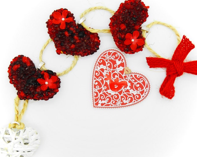 Red tripple glass heart hanging. Fused glass coloured wall/window art hanger Wedding, anniversary, birthday, housewarming, Valentine gift