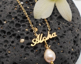 Beach Jewelry, Aloha and Pink Pearl Necklace - Beach Jewelry, Beach Wedding, Hawaiian Jewelry, Shell Necklace, Pink, Pearl Necklace, Hawaii