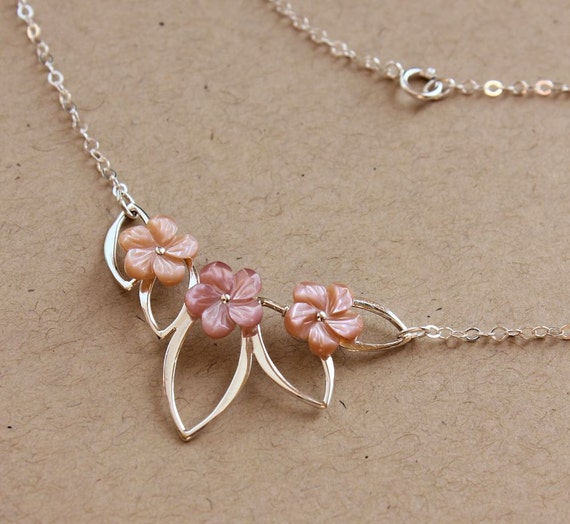 Silver Plumeria Necklace Pink Mother of Pearl Plumeria