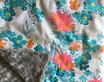 Floral Nursery, Pink real gray Nursery, Baby Blanket, Turquoise, Minky Baby Blanket, Floral baby blanket, floral, modern nursery, gift,