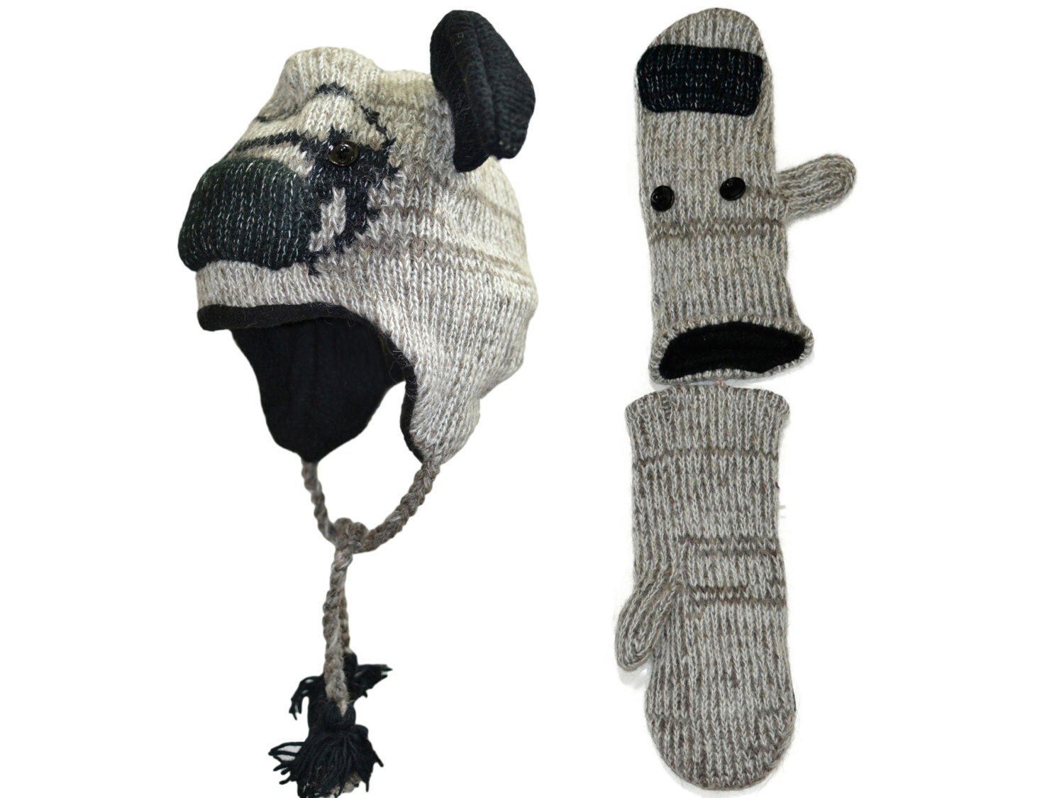 Pug puppy dog animal knit hat with mittens set free shipping