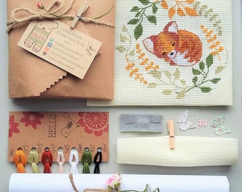 Needlework picture - sleepy fox, cross stitch kit, cross stitch painting, pictures of foxes, woodland inspired gift, sleepy eyes