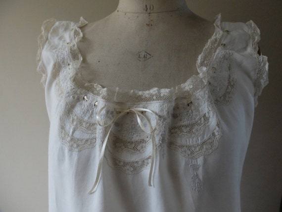 French lace trimmed ecru linen nightgown with crown and