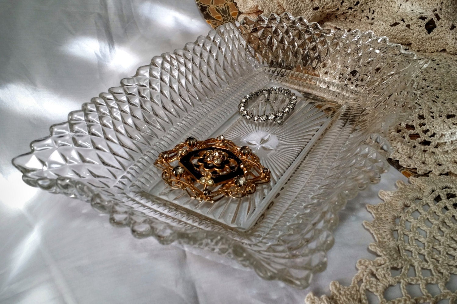 Wavy edge diamond pressed glass dish candy dish by JailbirdJunque