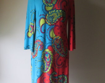 Vintage Psychedelic/Mod Paisley Groovy Shift Dress/Red/Turquoise/Bell Sleeves/Circa 1980's Small #16155A