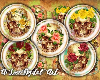 Digital collage sheet, steampunk Skull, instant download cabochon 12mm, 16mm, 20mm circle bottlecap images, vintage ephemera jewelry making