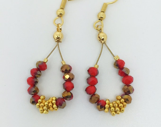 Red gold earrings, red drop earrings, bright red earrings, Red crystal earrings, red dangle