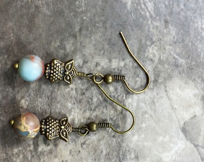 Boho brass earrings, Brass owl jasper picasso earrings, jasper earth brass owl earrings, jasper picasso brass dangle, earth jowl brass drops