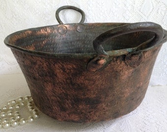 Antique Solid Copper Cauldron/ pan/jelly pot/bowl ~ Old Cooking hand forged copper hand hammered pot ~ primitive rustic copper
