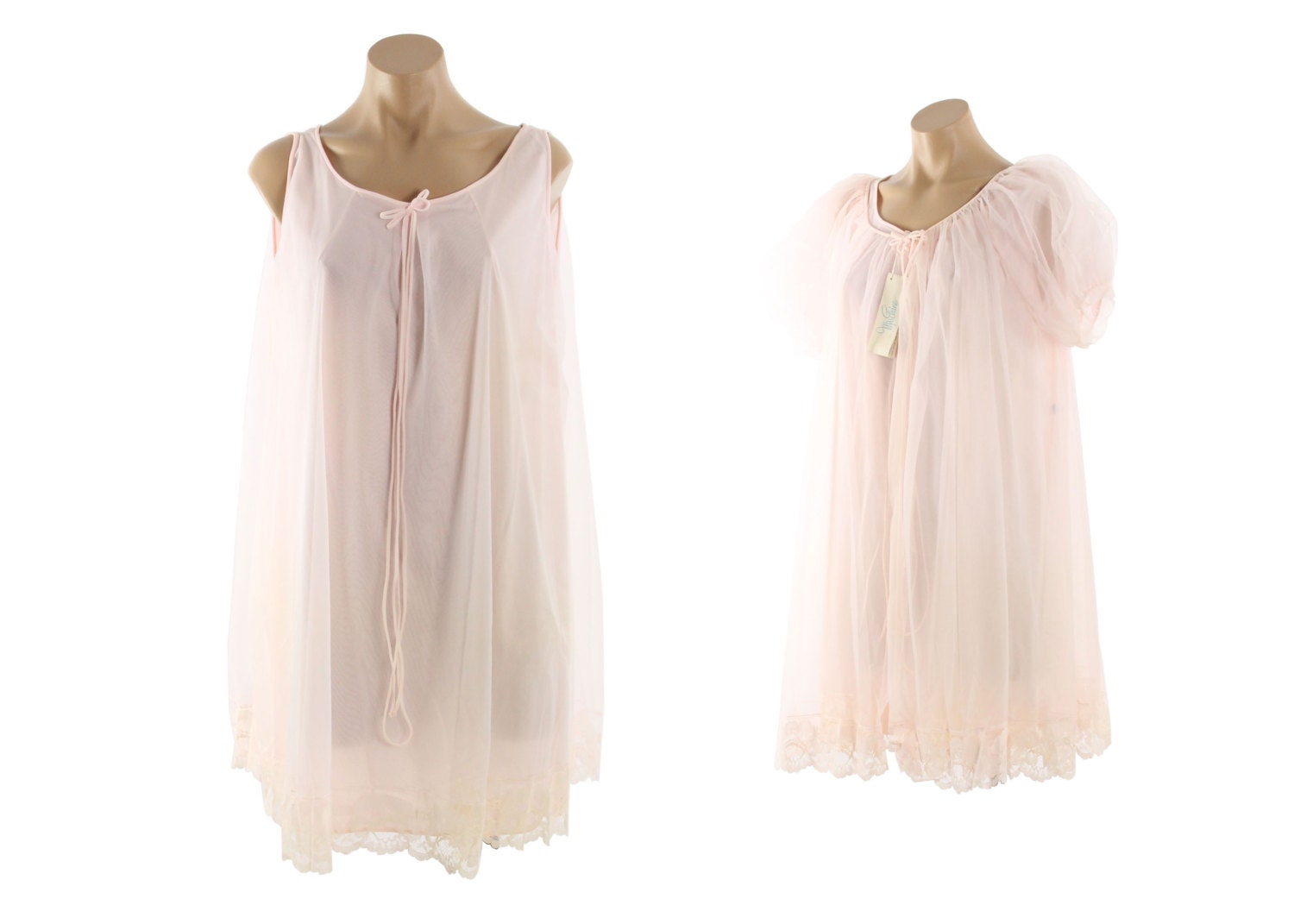 Vintage 70s MISS ELAINE NOS Sheer Nightgown Robe Peignoir Pink
