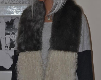 Two Colour Grey Striped Faux Fur Scarf with Ivory / Cream Mongolian Lambswool Tips