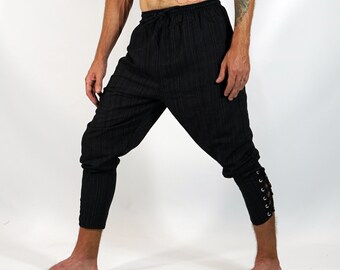 ANKLE CUFF PANTS Striped Black - Steampunk, Medieval Clothing, Pirate, Renaissance, Viking Pants, Peasant, Burning Man, Harem Pants