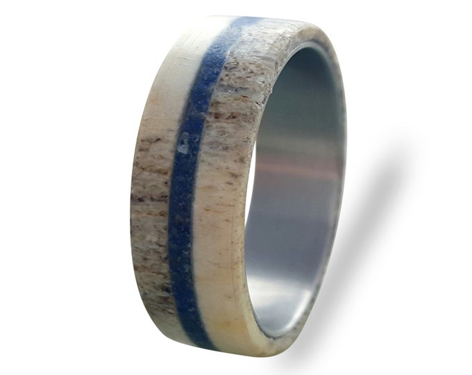Deer Antler Wedding Band, Antler Ring with Lapis Lazuli Inlay, Lapis Lazuli Ring, Titanium Ring, Mens Titanium Wedding Band