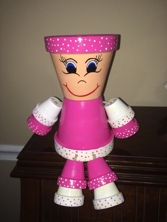 Fuchsia and White Flower Pot People /Pot Person Planter