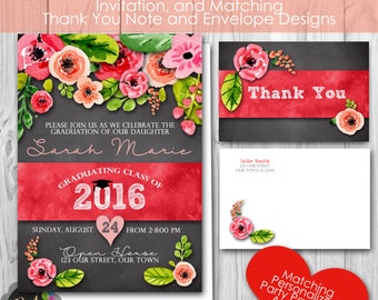 Floral Graduation Party, Personalized Printable Invitation, and Matching Thank You Note, Envelopes, Banner and Welcome Sign