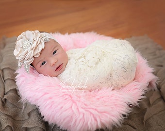 Wide Lace Flower Headband with Pearl & Rhinestone Center Rhinestone Beaded Leaves Newborn Baby Girl Adult Headband