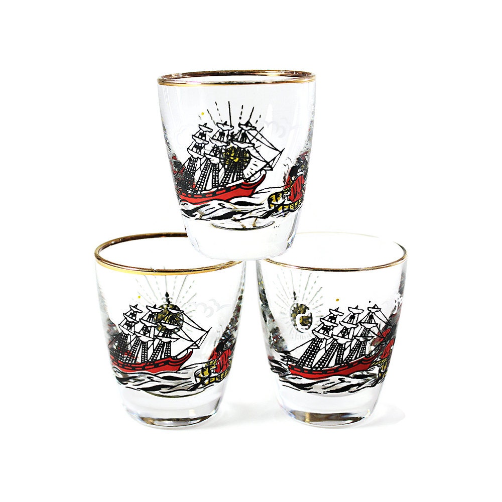 Pirate Ship Shot Glasses Libbey Rock Sharpe TREASURE ISLAND