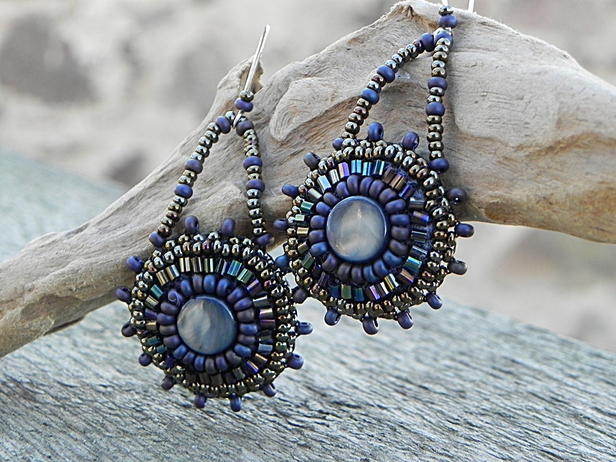 Black Long Earrings Bead Embroidered Black Purple Beaded Bead