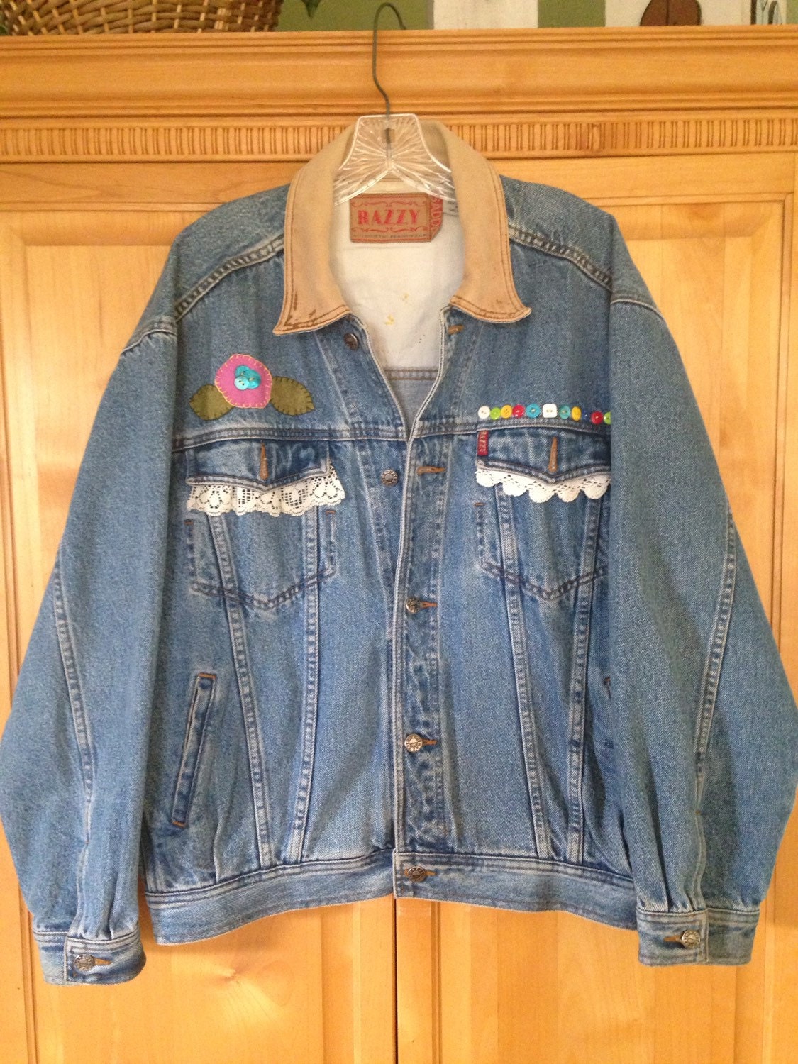 Boho Denim Jean Jacket with Lace and Buttons Women's Size