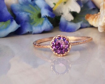 20% off-SALE!! Amethyst Ring - February Birthstone - Purple Ring - Gold Band - Hammered Ring - Gemstone Ring - Bezel Ring - Tiny Ring