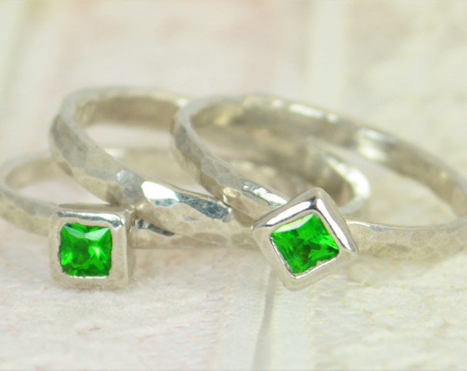 Square Emerald Engagement Ring, 14k White Gold, Emerald Wedding Ring Set, Rustic Wedding Ring Set, May Birthstone, Solid Gold, Emerald Ring