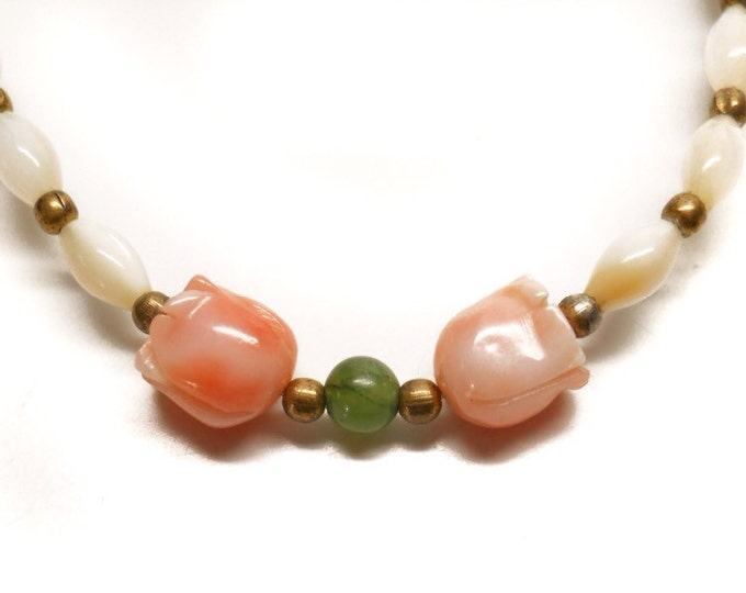 Storewide 25% Off SALE Vintage Rosè Pink Angel Coral, Green Jade & Mother Of Pearl Beaded Designer Necklace Featuring Graduated Style Design