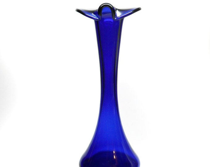 Storewide 25% Off SALE Vintage Cobalt Blue Hand Blown Art Glass Floral Vase Featuring Bubble Base Design With Fluted Top