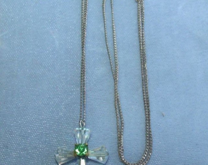 Storewide 25% Off SALE Vintage Iridescent Crystal Designer Cross Pendant With Sterling Silver Chain Featuring Emerald Green Center Accent