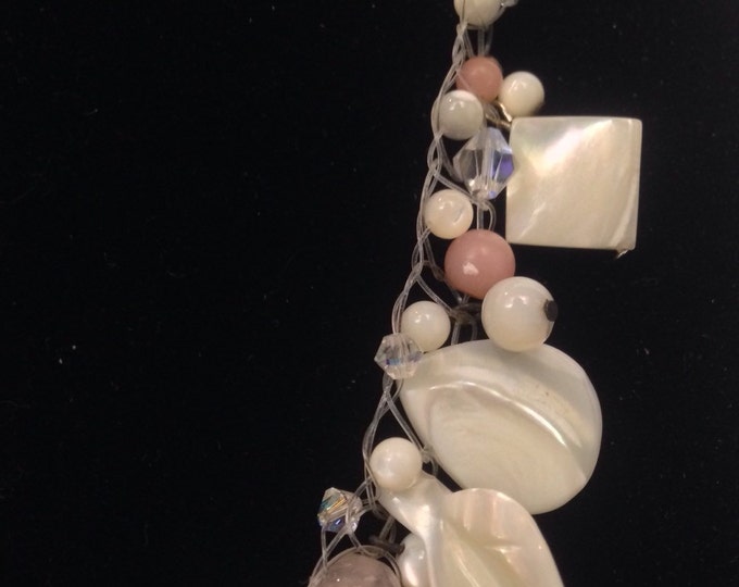 Storewide 25% Off SALE Vintage Silver Tone Mother Of Pearl Eclectic Designer Necklace Featuring Assorted Rose & Clear Crystal Beaded Accents