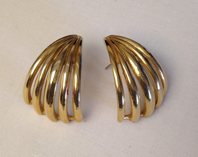 Storewide 25% Off SALE Vintage Gold Tone Wingback Trifari Designer Signed Earrings Featuring Elegant Open Style Design