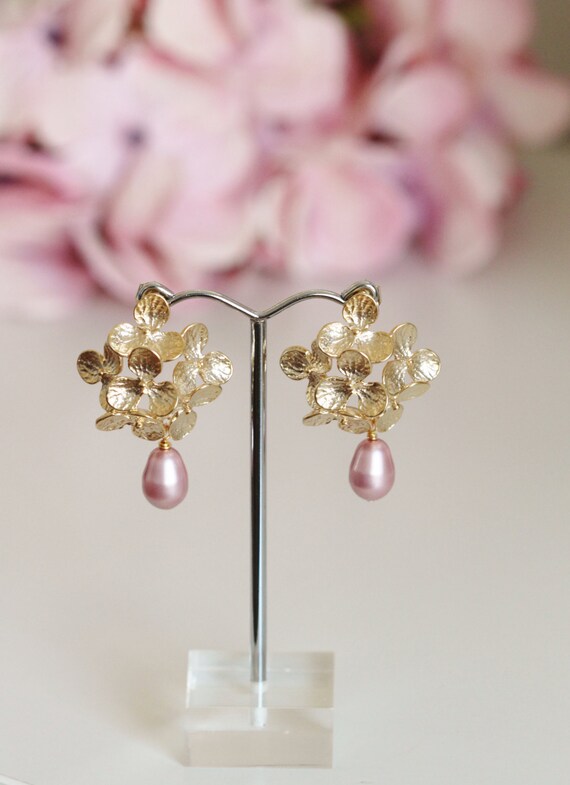 Gold Bridal Earrings Vintage Dusty Pink Hydrangea Flower