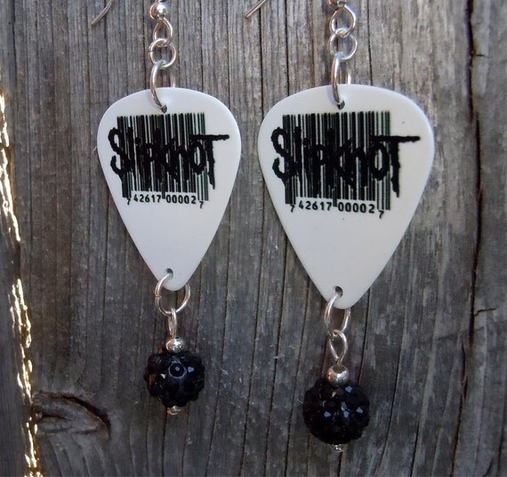 Slipknot Bar Code Guitar Pick Earrings with Black Pave Beads