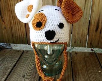 Happy Puppy Crochet Hat - dog hat - puppy earflap hat - white and brown dog hat - Made to Order