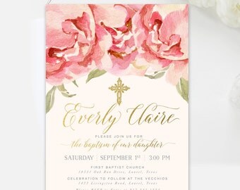 Girl Baptism Invitation Floral : Christening, First Communion, Dedication, Gold, Rustic Shabby Chic, Blush Pink & Peach Invite - Everly