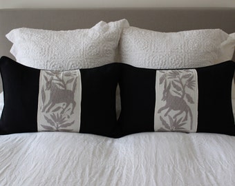 Mexican Otomi Cushions: Black with Grey Embroidery