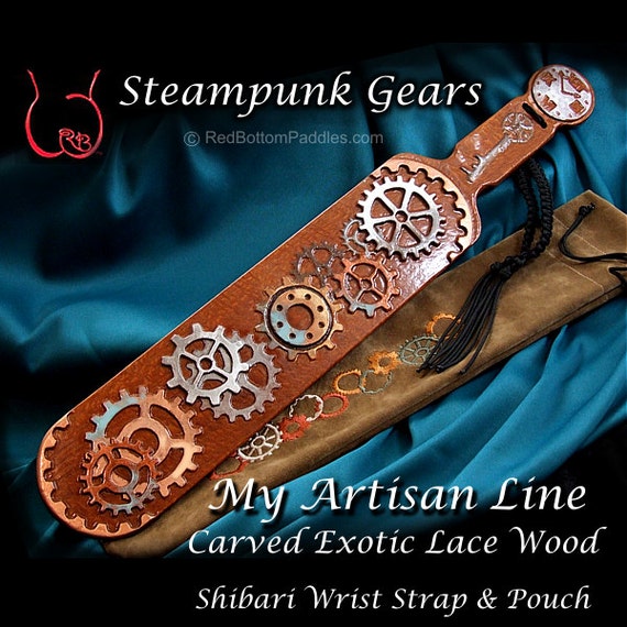 Steampunk Gears, Select Exotic Lace Wood, includes Gear embroidered Pouch & Shibari wrist strap. by OurBDSMcreations steampunk buy now online