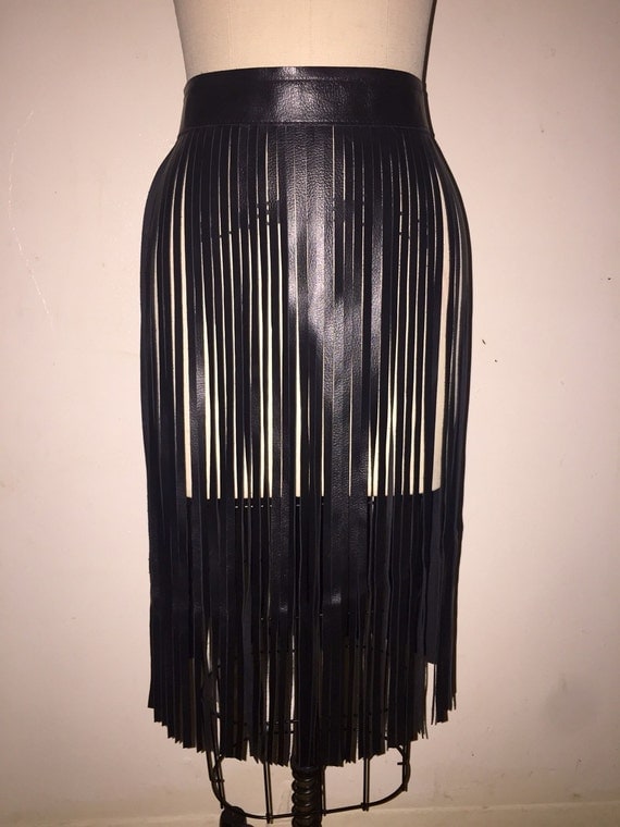 LONG BLACK FRINGE skirt belt black leather fringe belt by SEVYNYC