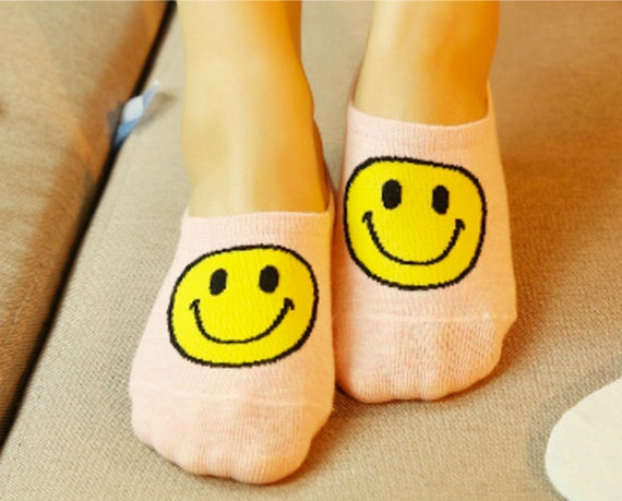 Happy Smiley Face Pink Ankle Socks. Yellow Smile Face by Naikenook