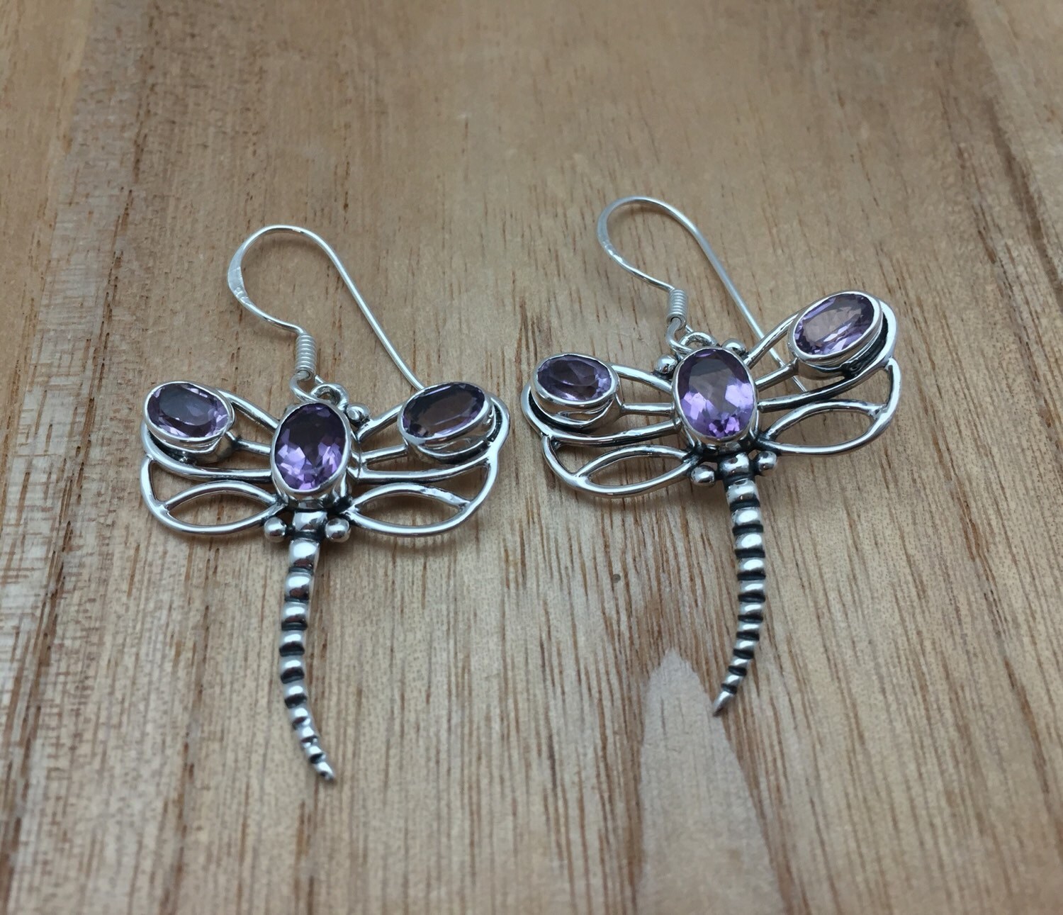 Amethyst Dragonfly Earrings // 925 Sterling Silver // Hook