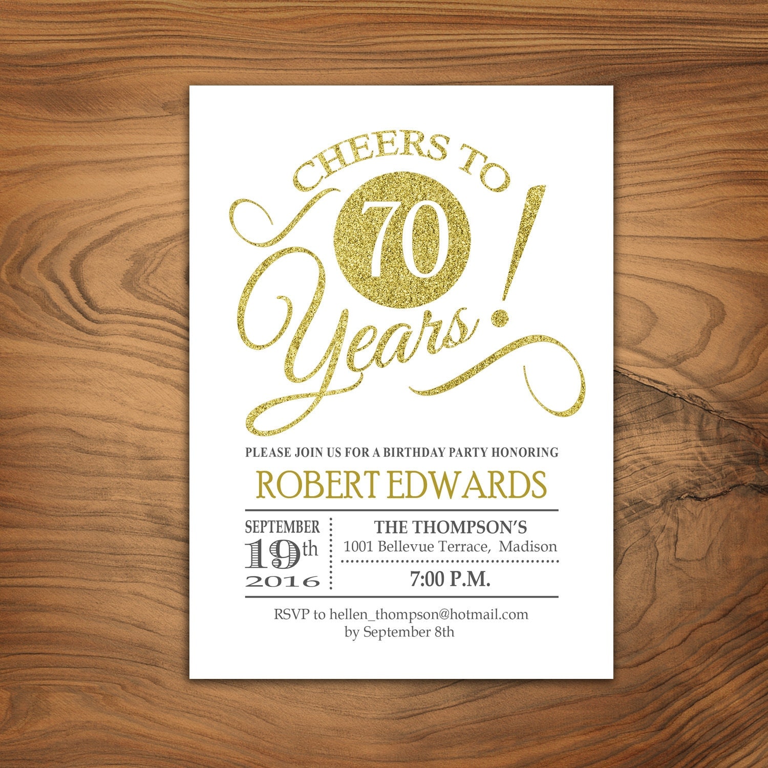  70th  Birthday  Invitation  Any Age Cheers to Glitter Gold