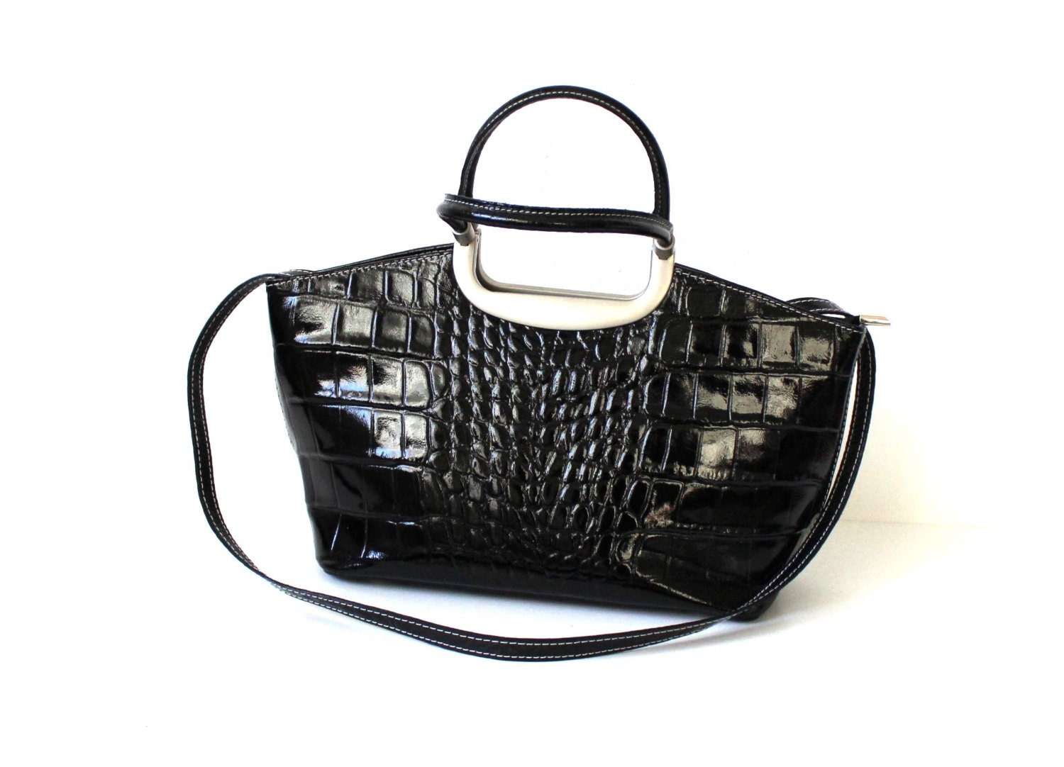 Black Patent Leather Handbag Ladys Purse with Metal Handle