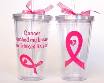 Breast Cancer Survivor, "Cancer Touched My Breast...", Kick Cancer - Personalized Tumbler 16 oz Cup