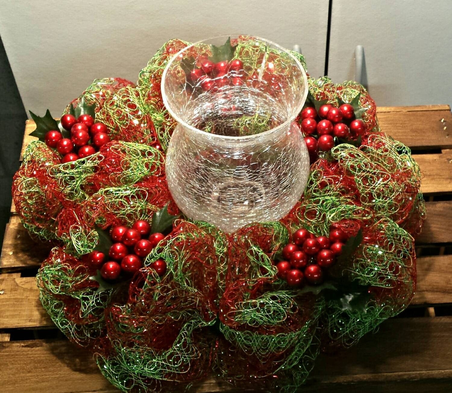 Christmas Candle Holder Red and Green Mesh by DesignsbyPolite