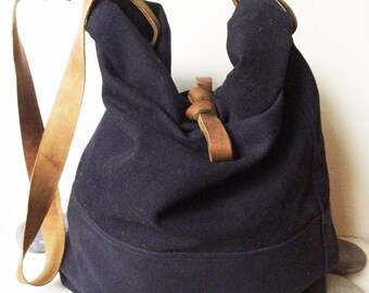 Navy Blue Canvas Bag, Canvas tote bag, Duffel Bag, Bucket Bag, Sea Bag, Leather Bag, Shoulder Bag, Gift for him and her, Weekender